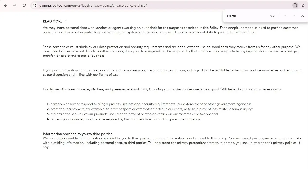 Archived January 2025 Logitech G HUB privacy policy describing analytics data collection