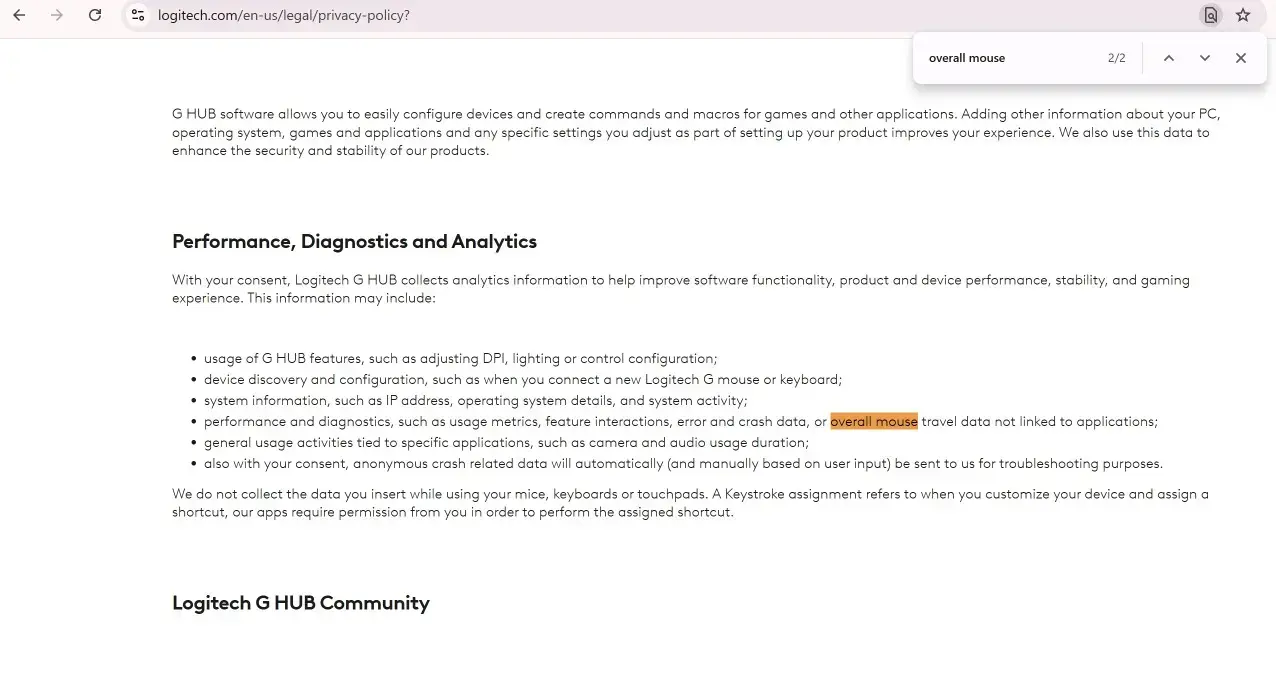 Logitech G HUB privacy policy showing mouse travel and camera and audio usage analytics