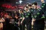 LOUD players celebrate on stage after beating Global Esports 2-0 at Valorant Champions 2026 in Shanghai