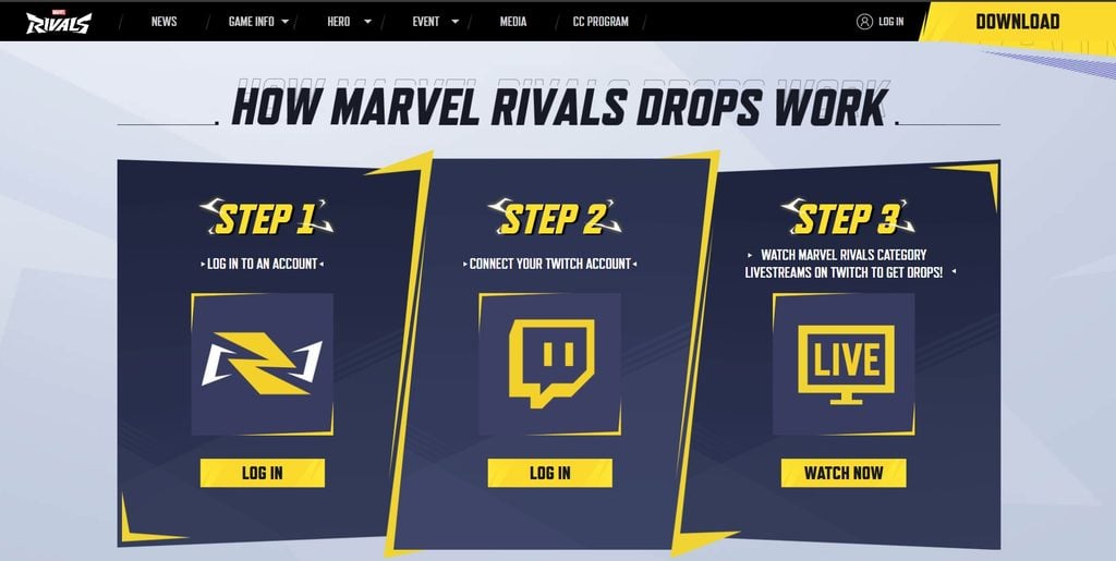 Marvel Rivals Twitch Drops page showing where to link a Marvel Rivals account to Twitch