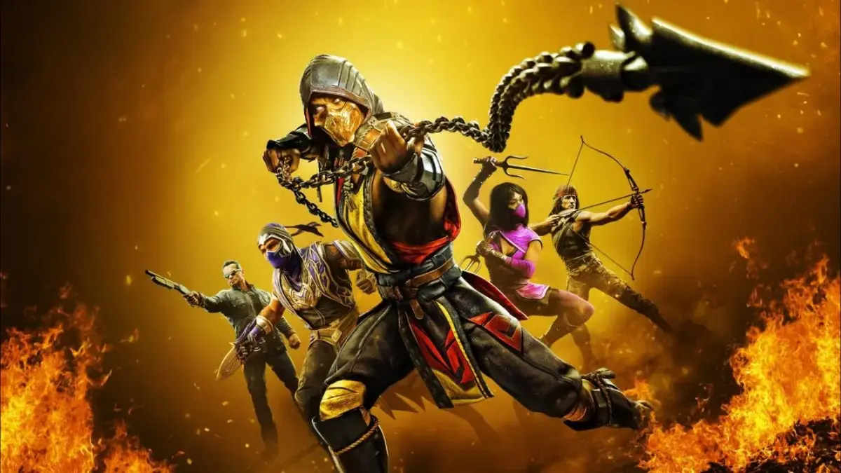 Official Mortal Kombat 11 Ultimate key art of Scorpion throwing his spear, with Rain, Mileena, Rambo and the Terminator behind him in front of flames.
