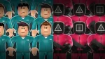 Roblox Squid Game: A graphic image contrasting two groups from the "Squid Game" themed gameplay. On the left, several player avatars in teal tracksuits, numbered and showing varying expressions of concern and determination. On the right, a lineup of guards in red suits and black masks, each adorned with different shapes (circle, square, triangle), portraying a menacing, organized force. The image effectively captures the tension and competitive atmosphere of the game.