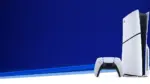 PS5 console standing upright on a dark blue background