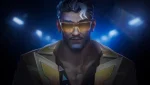 A striking promotional image of Tejo, the new agent in Valorant, featuring a close-up of his face. He sports a confident expression and is adorned with futuristic golden sunglasses and a stylish, sleek jacket. The dramatic lighting accentuates his sharp features and the detailed design of his attire, hinting at his unique abilities and the high-tech, action-packed nature of the game.