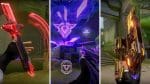 The image displays the Valorant EXO Bundle for 2025, featuring three dynamic weapon skins: a glowing red katana, a vibrant purple sniper rifle, and a luminous orange pistol. Each weapon is shown in a first-person view, showcasing their unique, futuristic designs with sharp geometric patterns and intense, neon light accents that enhance the gaming experience with visually striking aesthetics.