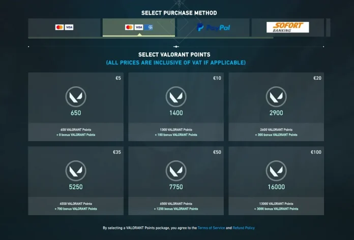 Screenshot of the Valorant in-game store showing Valorant Points bundles with prices.