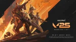 This dynamic promotional image is for "Valorant V25 Season 2025 // Act 1," featuring a group of characters from the game, poised in action against a fiery, abstract background. The characters, diverse in appearance and equipped with futuristic weaponry, are depicted with a bold, angular art style that conveys movement and intensity. The orange and brown color palette evokes a sense of urgency and battle readiness. The design prominently includes the Valorant logo and the season details, stylishly integrating information with visually striking artwork to captivate and excite players about the new season's offerings.